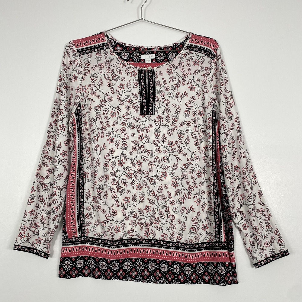 J Jill Blouse Womens Medium Multicolor Floral Long Sleeve Round Neck Tunic Top